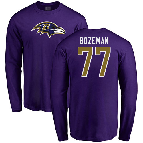 Men Baltimore Ravens Purple Bradley Bozeman Name and Number Logo NFL Football #77 Long Sleeve T Shirt->nfl t-shirts->Sports Accessory